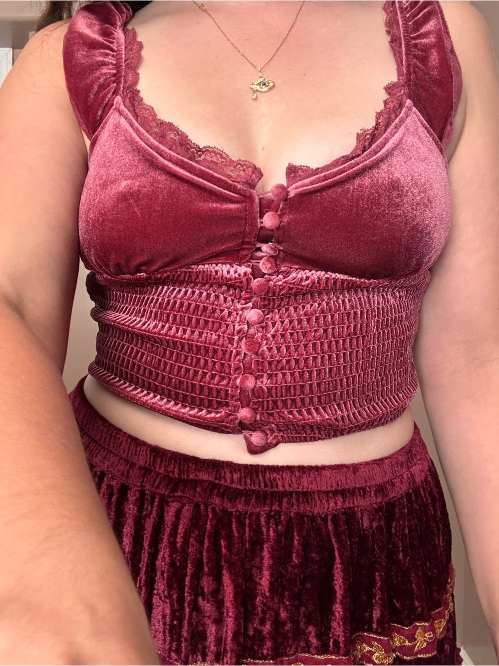 Forever 21 Velvet Ruched Bandeau Crop Top in Rose Wine